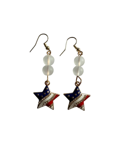 End of Summer Americana Star Earrings - American Flag Rhinestone Star Dangle with Frosted Beads