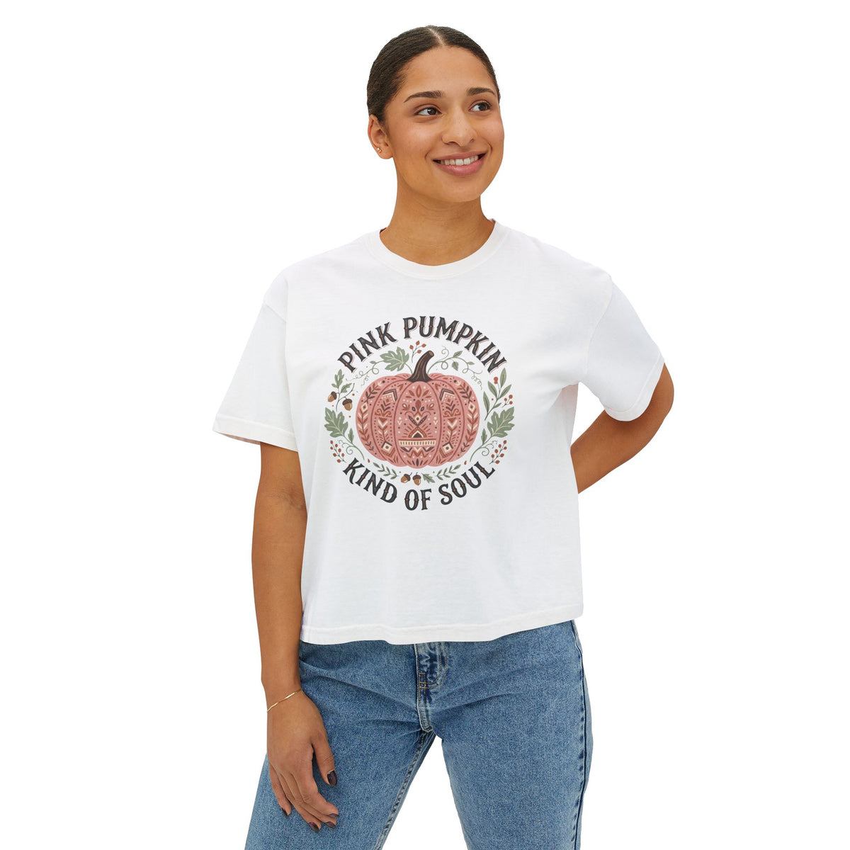 Pink Pumpkin Kind of Soul Boxy Tee — Women's Fall Pumpkin Graphic T-Shirt