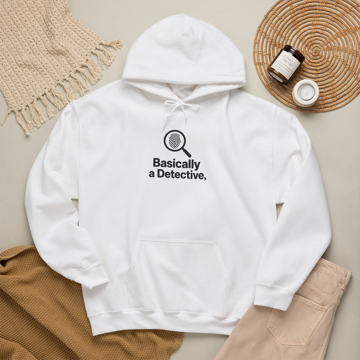 Detective Hoodie – "Basically a Detective." Magnifying Glass Graphic Hooded Sweatshirt