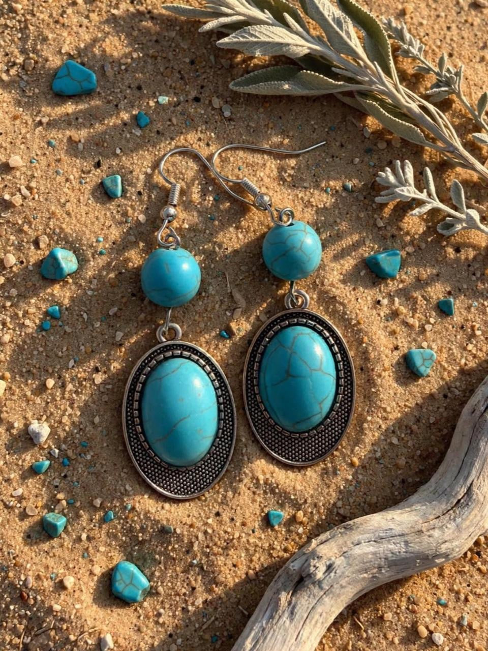 Desert Souls Textured Oval Double Bead Turquoise Earrings - Western Dangle