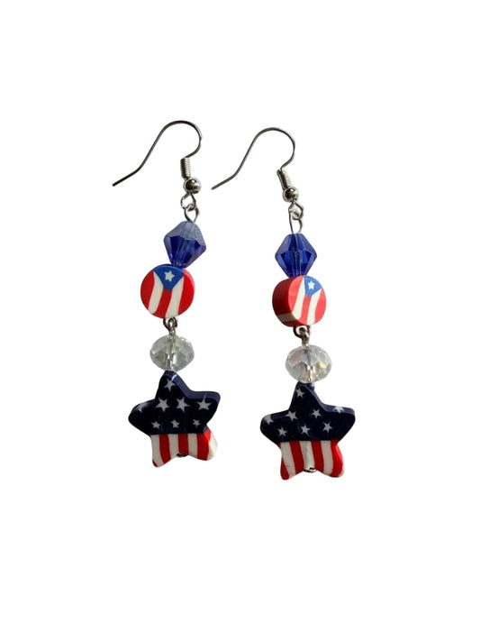 End of Summer Americana Flag Earrings - American Flag Round and Star Dangle with Blue and Clear Beads