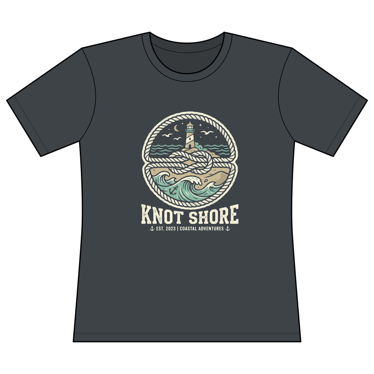 Knot Shore Women’s Tee — Nautical Lighthouse Graphic Concert Shirt