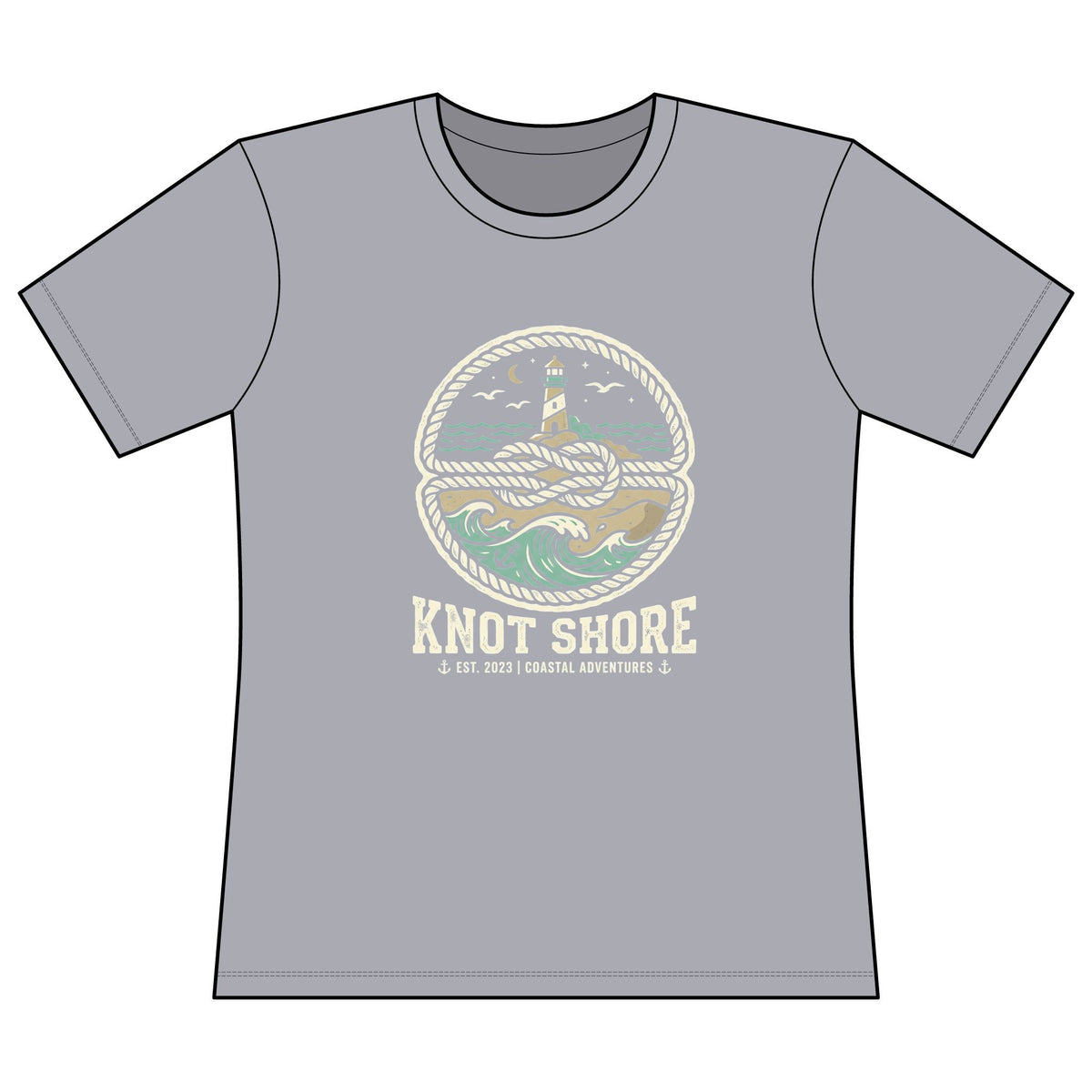 Knot Shore Women’s Tee — Nautical Lighthouse Graphic Concert Shirt