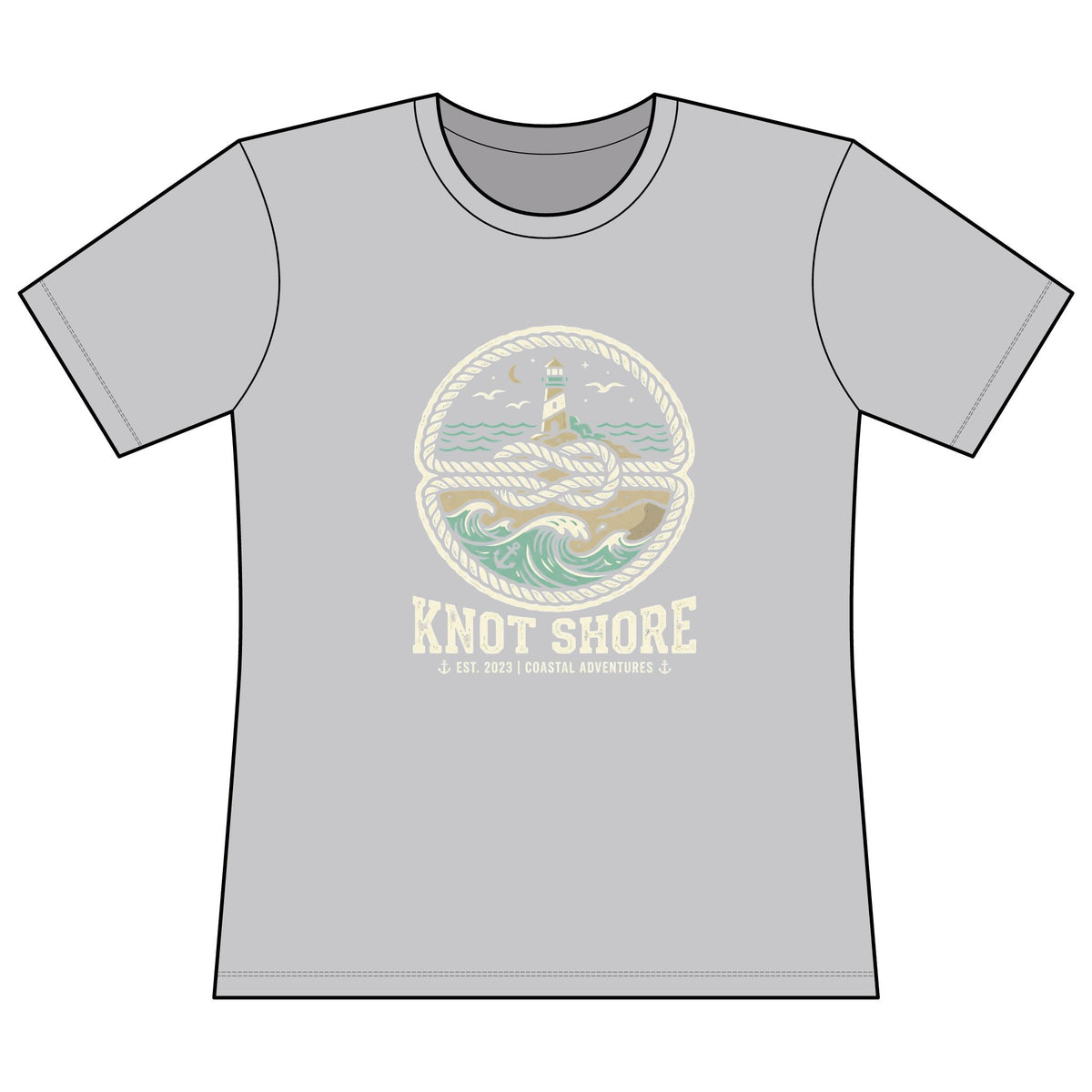 Knot Shore Women’s Tee — Nautical Lighthouse Graphic Concert Shirt
