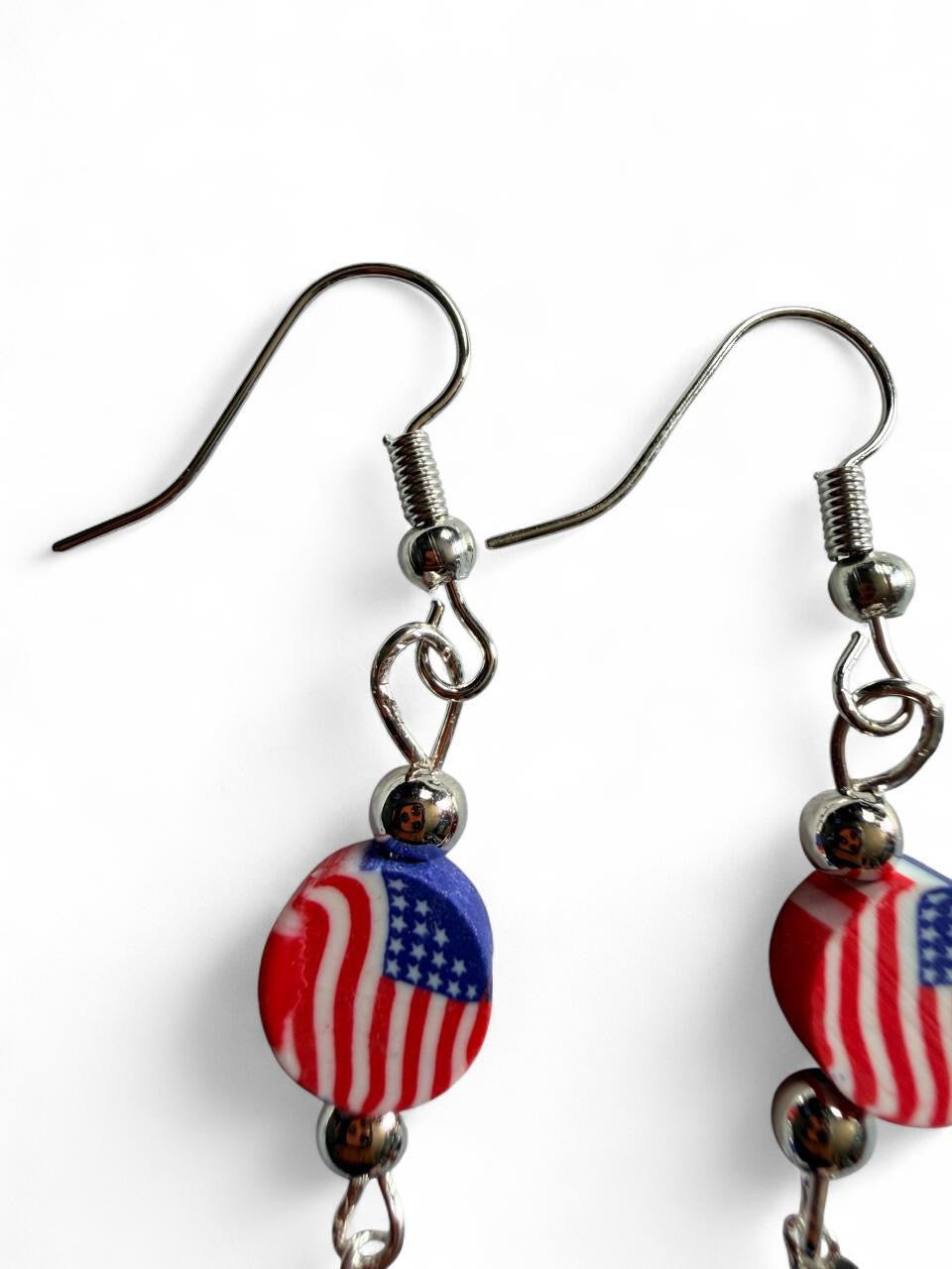 End of Summer Americana Flag Earrings - American Flag Round and Star Dangle with Blue and Clear Beads