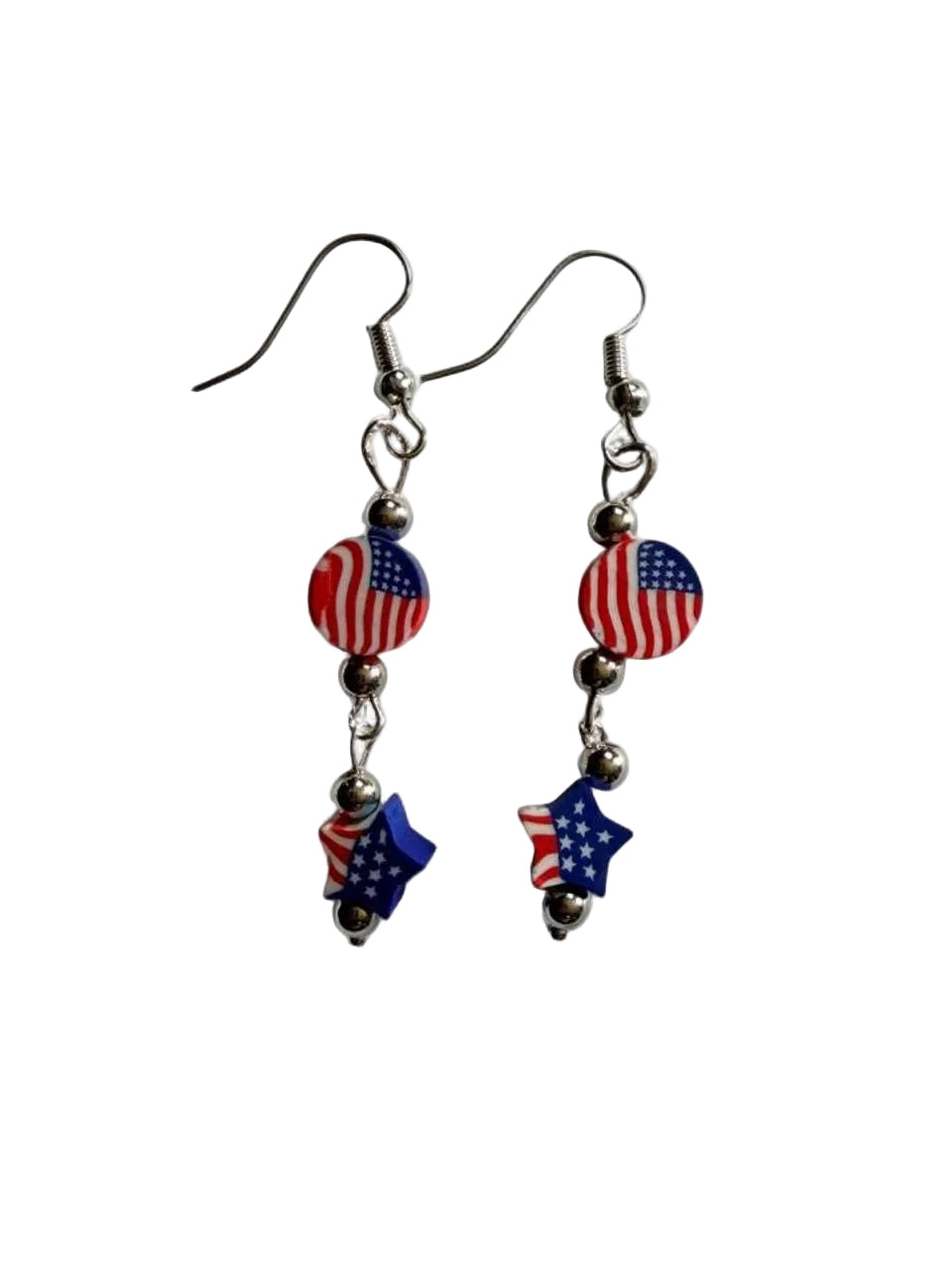 End of Summer Americana Flag Earrings - American Flag Round and Star Dangle with Blue and Clear Beads