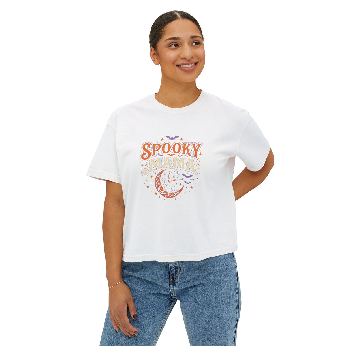 Spooky Mama Boxy Tee — Halloween Moon & Bats Graphic