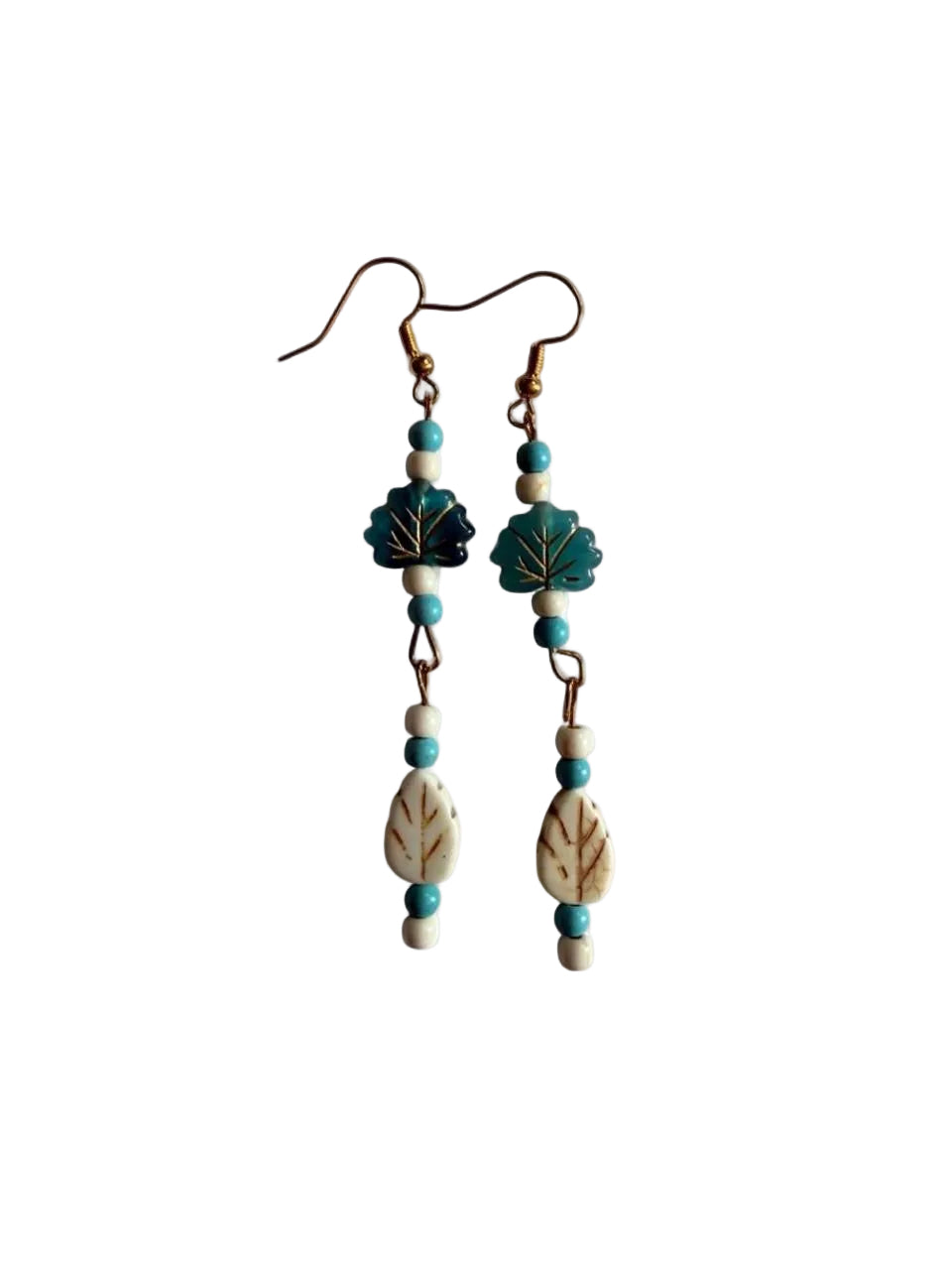 Harvest Turquoise & Cream Leaf Earrings | Long Beaded Leaf Dangle Earrings | The Harvest Souls Collection