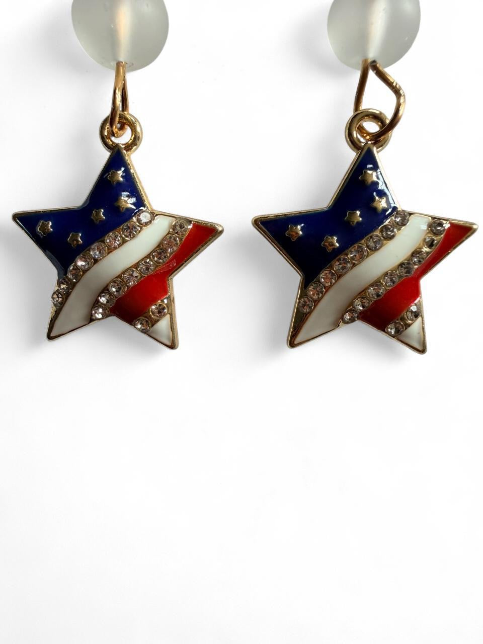 End of Summer Americana Star Earrings - American Flag Rhinestone Star Dangle with Frosted Beads