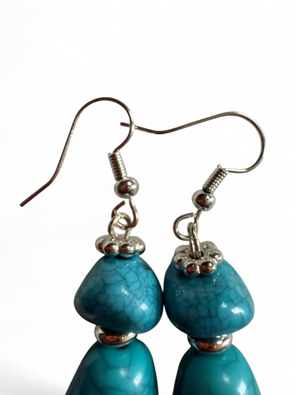 Handmade Turquoise & Gunmetal Double Drop Statement Earrings