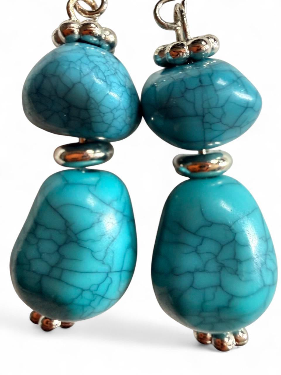Handmade Turquoise & Gunmetal Double Drop Statement Earrings