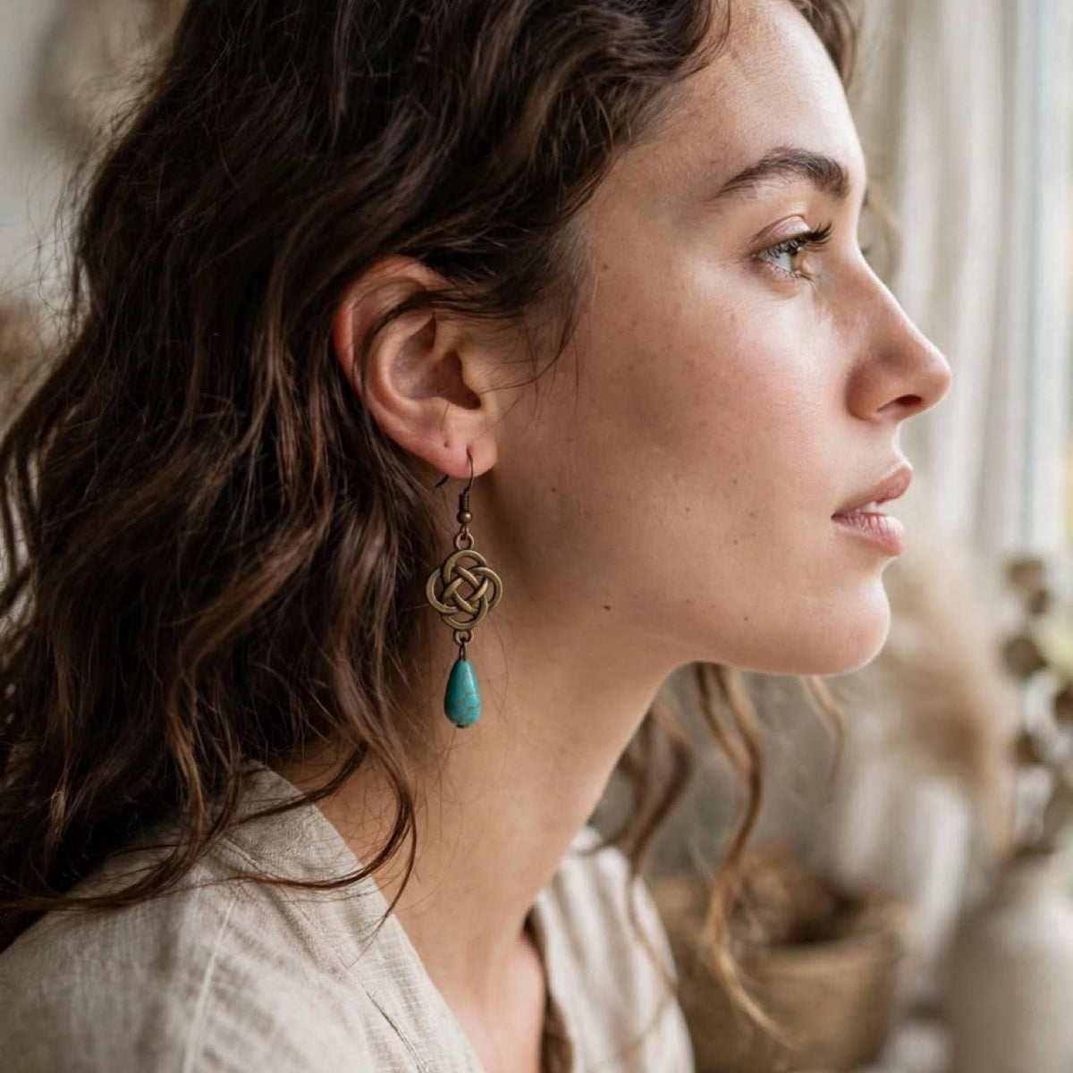 Celtic Knot Turquoise Drop Earrings - Handmade Boho Brass Dangle