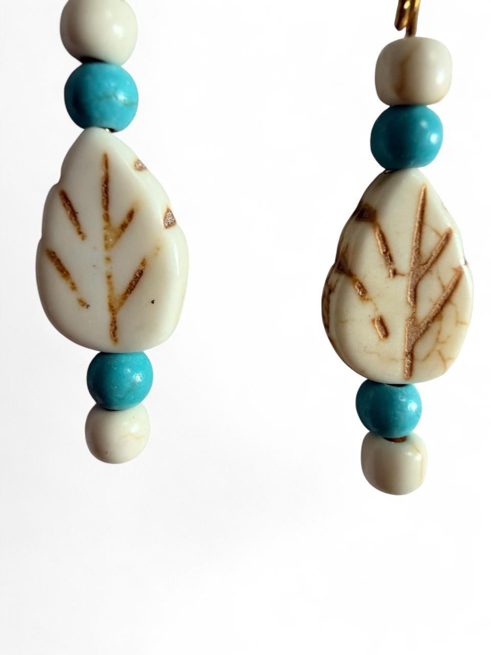 Harvest Turquoise & Cream Leaf Earrings | Long Beaded Leaf Dangle Earrings | The Harvest Souls Collection