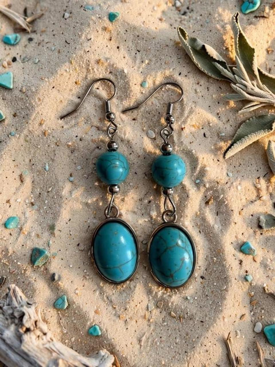Desert Souls - Double Bead Oval Turquoise Earrings - Western Dangle