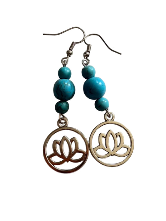 Handmade Turquoise Lotus Flower Dangle Earrings – Boho Silver Tone