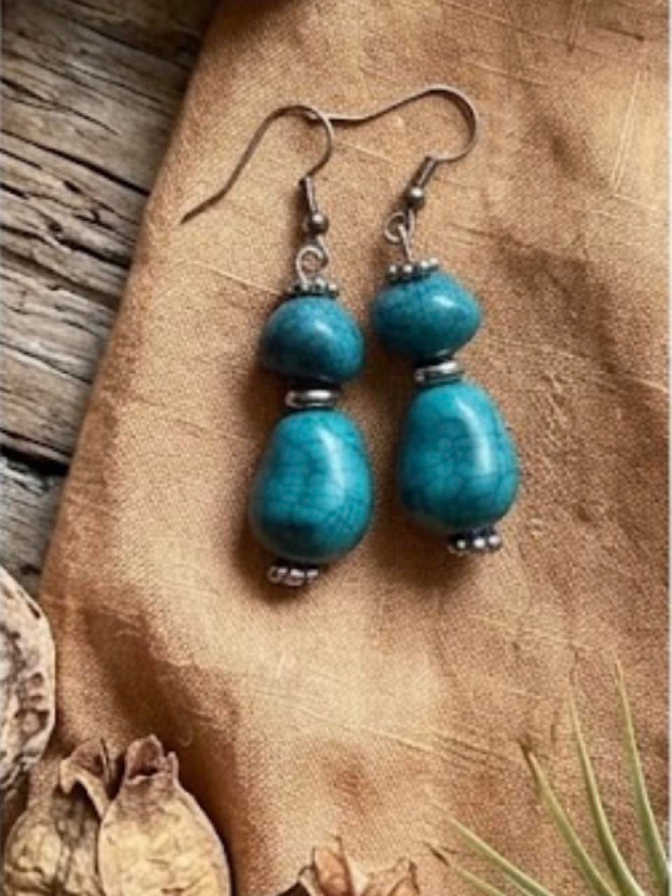 Handmade Turquoise & Gunmetal Double Drop Statement Earrings