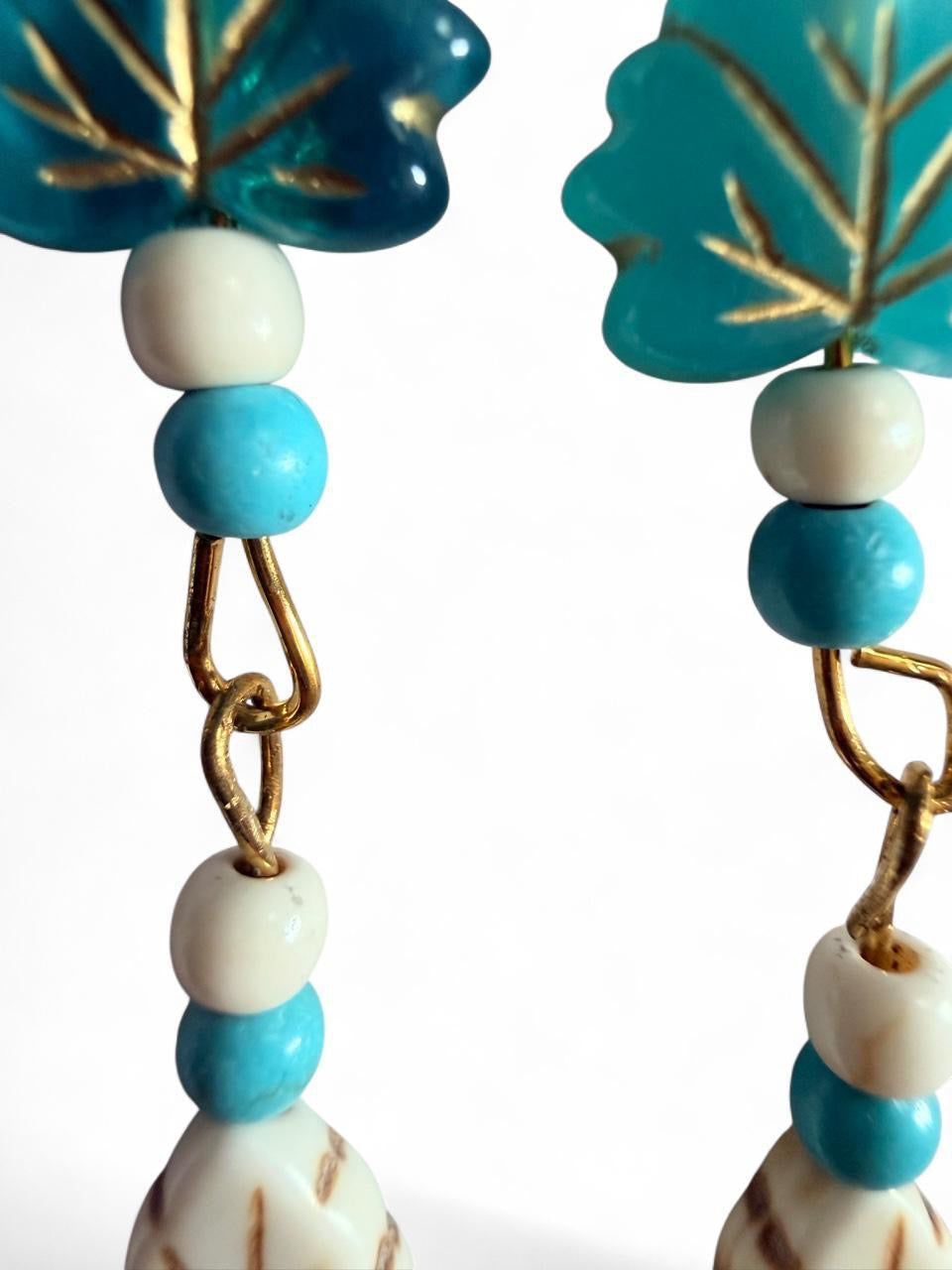 Harvest Turquoise & Cream Leaf Earrings | Long Beaded Leaf Dangle Earrings | The Harvest Souls Collection