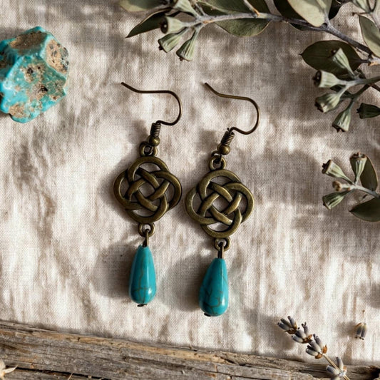 Celtic Knot Turquoise Drop Earrings - Handmade Boho Brass Dangle