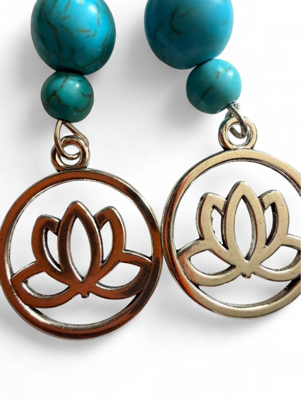 Handmade Turquoise Lotus Flower Dangle Earrings – Boho Silver Tone
