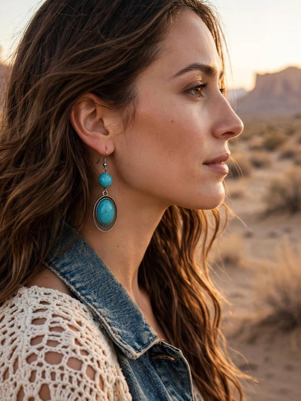 Desert Souls Textured Oval Double Bead Turquoise Earrings - Western Dangle