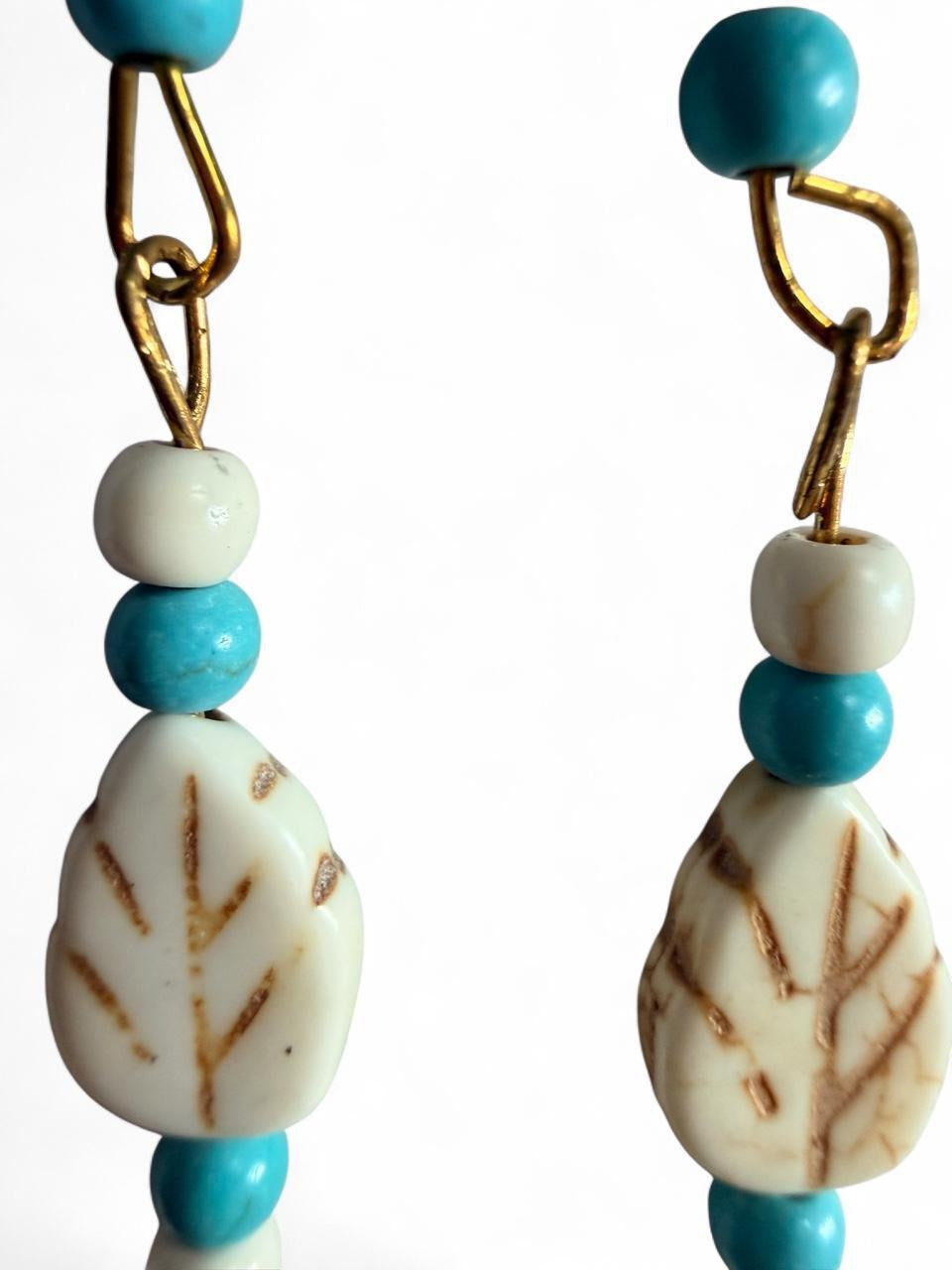Harvest Turquoise & Cream Leaf Earrings | Long Beaded Leaf Dangle Earrings | The Harvest Souls Collection