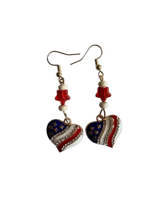 End of Summer Americana Heart Earrings - American Flag Rhinestone Heart Dangle