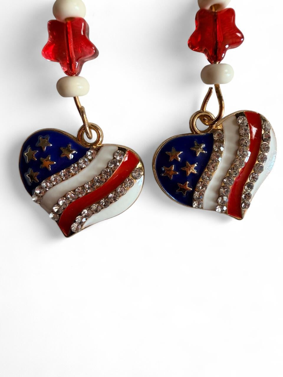 End of Summer Americana Heart Earrings - American Flag Rhinestone Heart Dangle