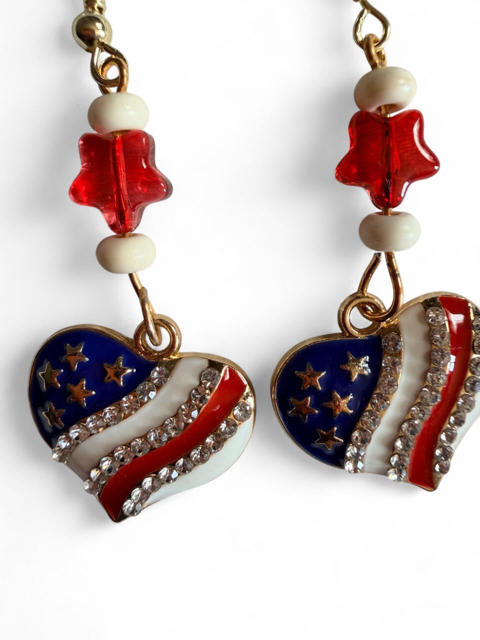 End of Summer Americana Heart Earrings - American Flag Rhinestone Heart Dangle