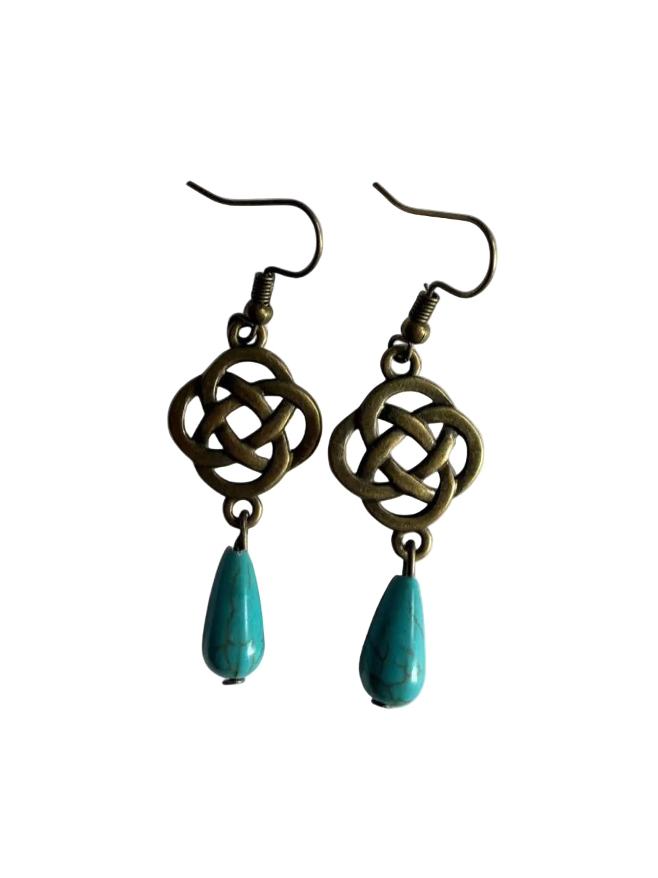 Celtic Knot Turquoise Drop Earrings - Handmade Boho Brass Dangle