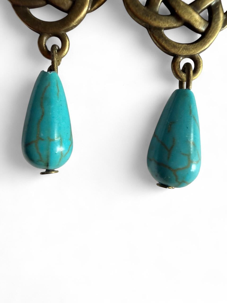 Celtic Knot Turquoise Drop Earrings - Handmade Boho Brass Dangle