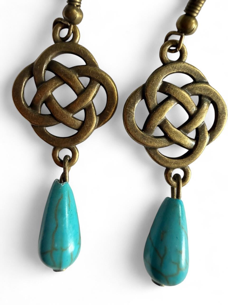 Celtic Knot Turquoise Drop Earrings - Handmade Boho Brass Dangle