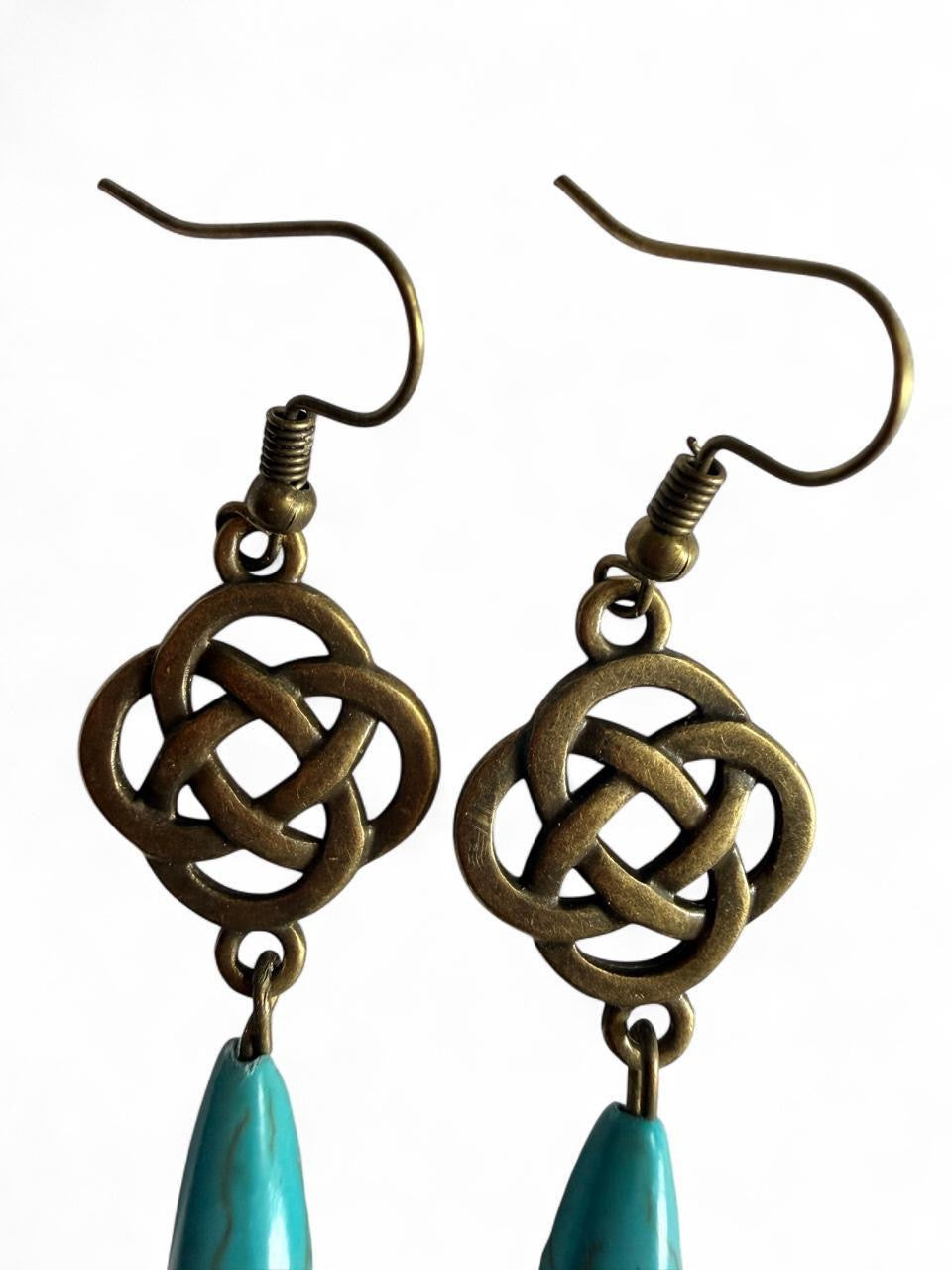 Celtic Knot Turquoise Drop Earrings - Handmade Boho Brass Dangle