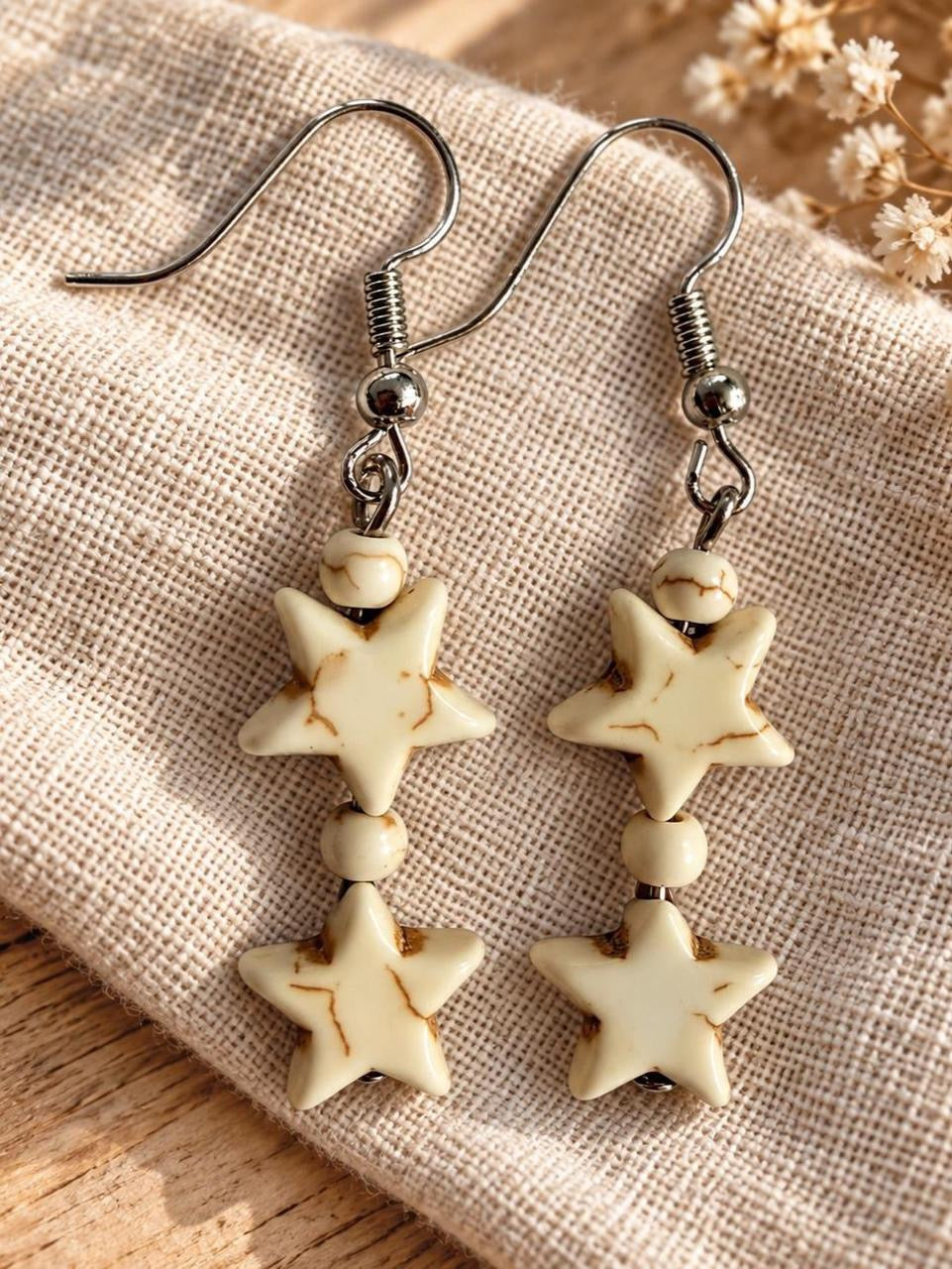 Handmade Cream Marbled Star Drop Earrings