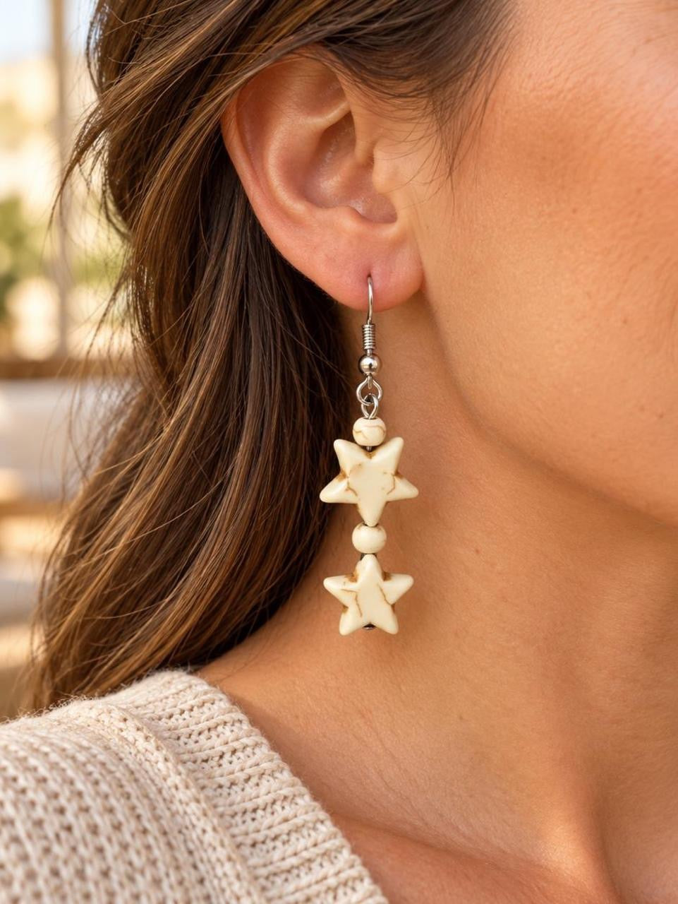 Handmade Cream Marbled Star Drop Earrings