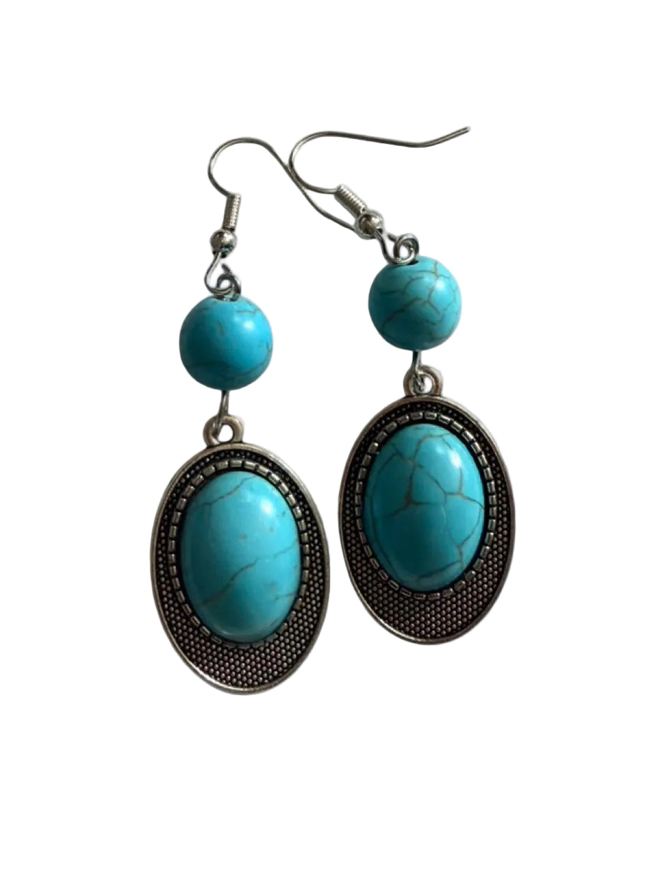 Desert Souls Textured Oval Double Bead Turquoise Earrings - Western Dangle