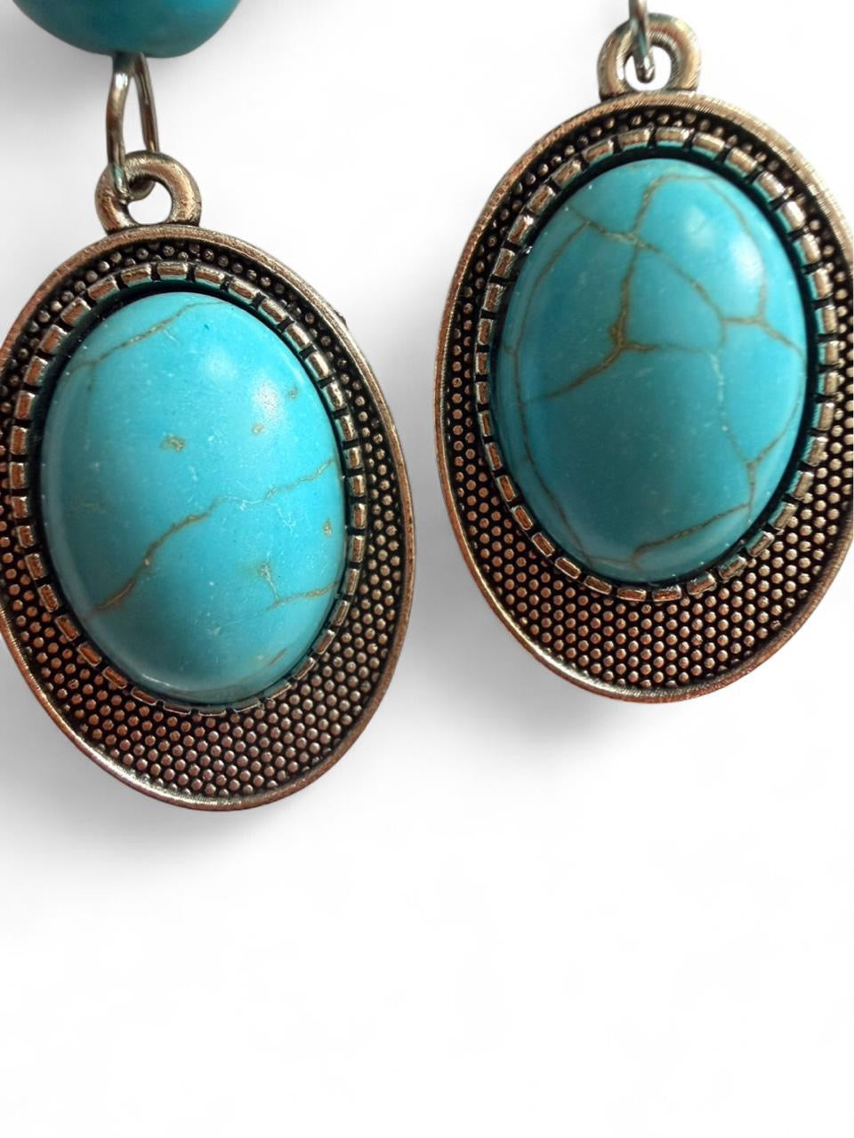 Desert Souls Textured Oval Double Bead Turquoise Earrings - Western Dangle