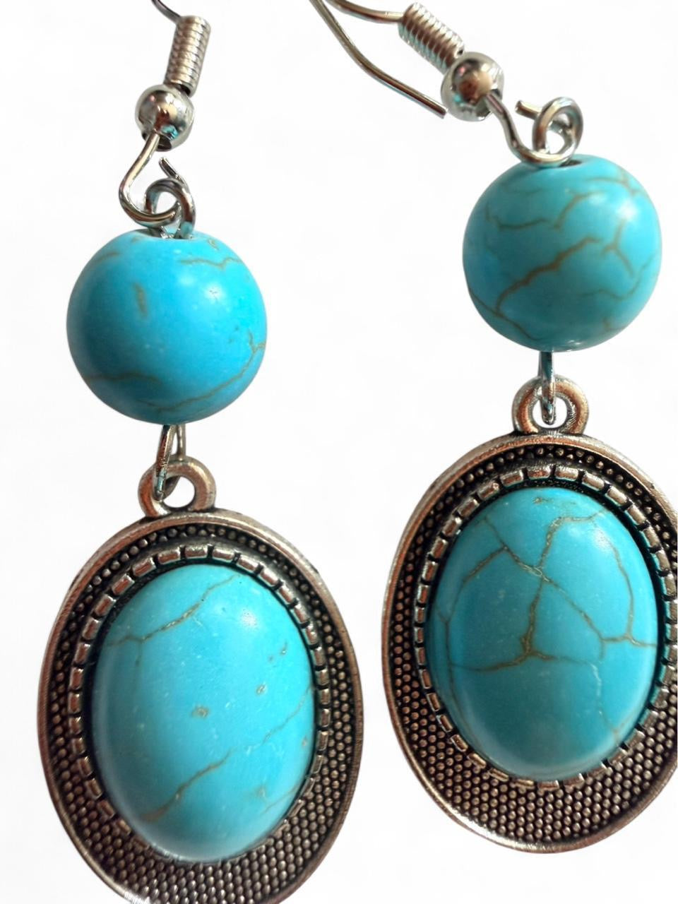 Desert Souls Textured Oval Double Bead Turquoise Earrings - Western Dangle