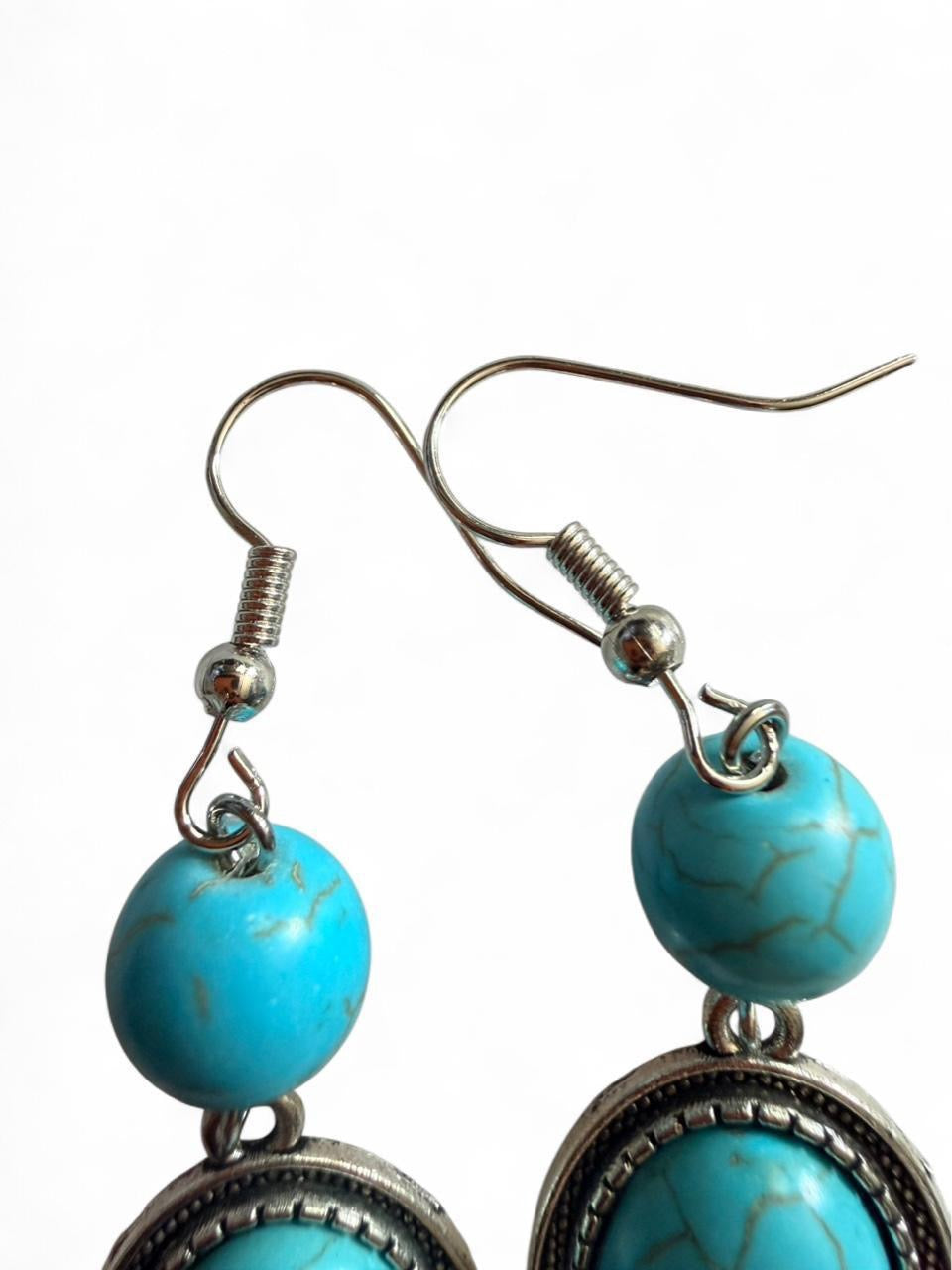Desert Souls Textured Oval Double Bead Turquoise Earrings - Western Dangle