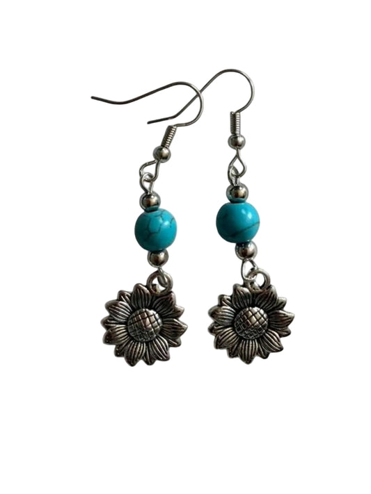 Handmade Turquoise Sunflower Dangle Earrings | Silver Tone Boho Flower Earrings