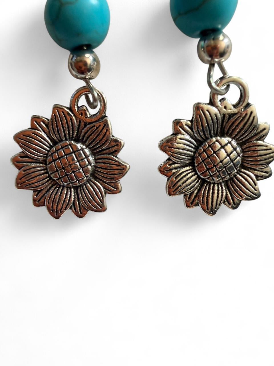 Handmade Turquoise Sunflower Dangle Earrings | Silver Tone Boho Flower Earrings
