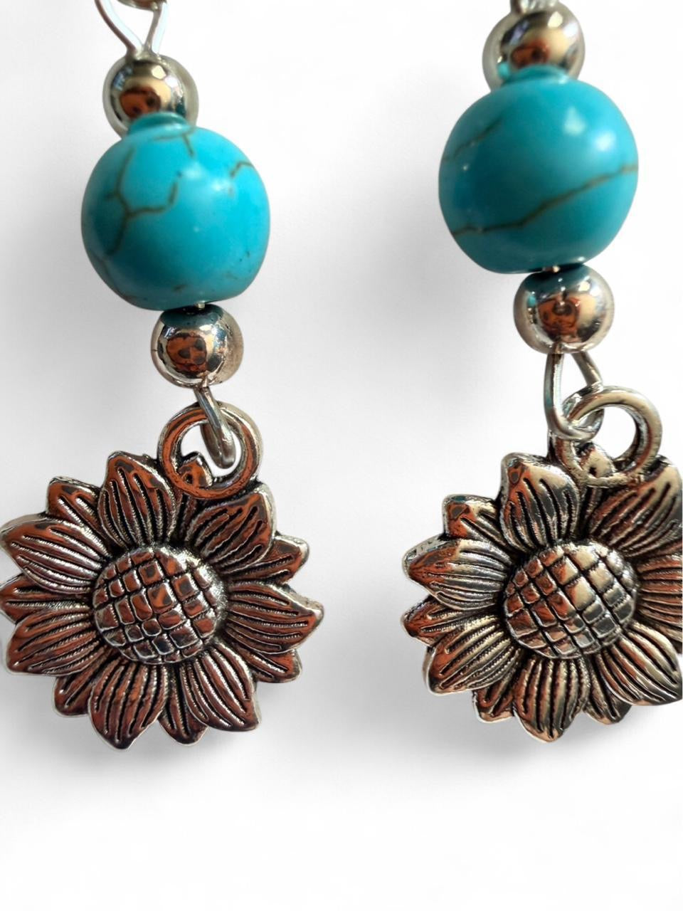 Handmade Turquoise Sunflower Dangle Earrings | Silver Tone Boho Flower Earrings