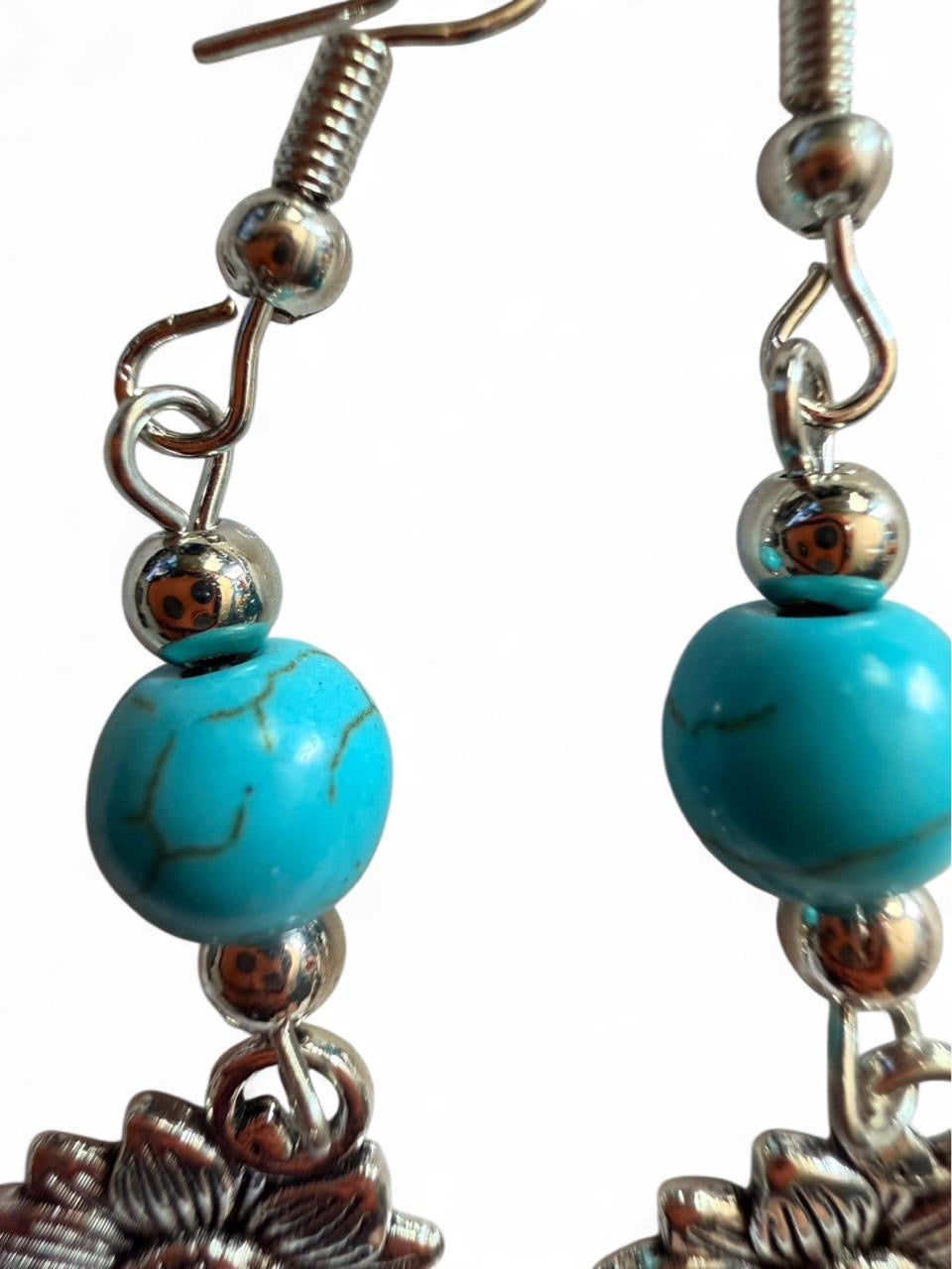 Handmade Turquoise Sunflower Dangle Earrings | Silver Tone Boho Flower Earrings