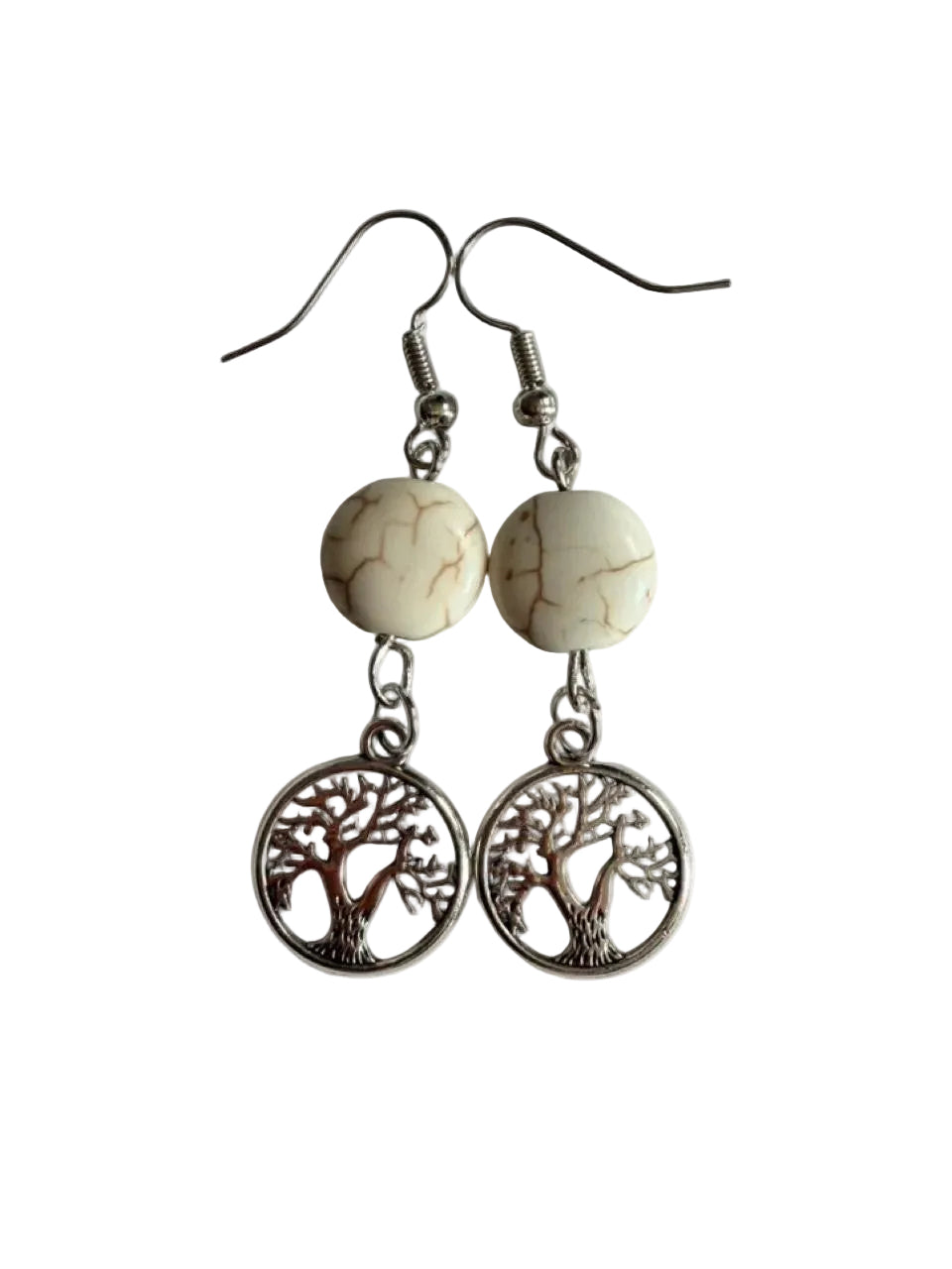 Handmade Cream Howlite Tree of Life Dangle Earrings | Silver Charm Earrings