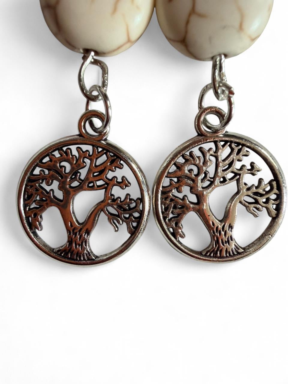 Handmade Cream Howlite Tree of Life Dangle Earrings | Silver Charm Earrings