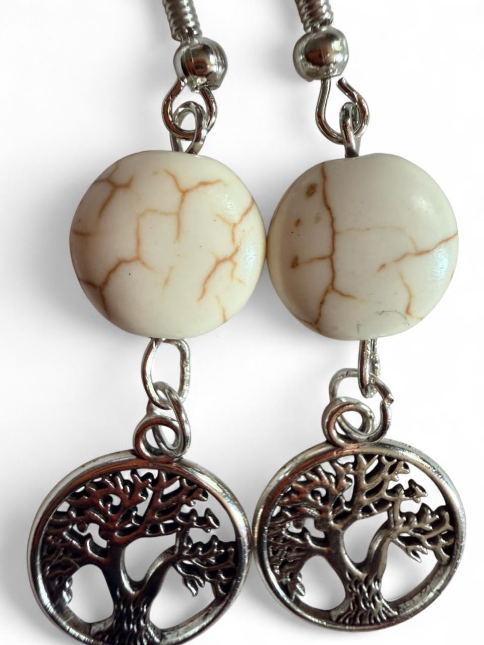 Handmade Cream Howlite Tree of Life Dangle Earrings | Silver Charm Earrings