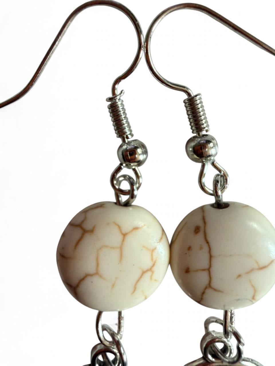 Handmade Cream Howlite Tree of Life Dangle Earrings | Silver Charm Earrings