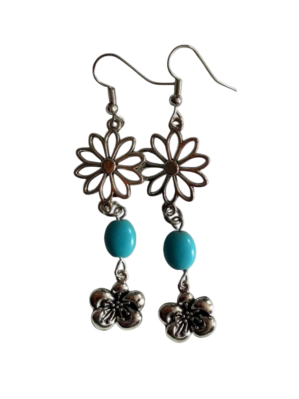 Handmade Boho Turquoise Flower Dangle Earrings – Antique Silver Floral Drop Earrings