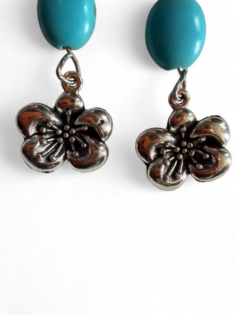 Handmade Boho Turquoise Flower Dangle Earrings – Antique Silver Floral Drop Earrings