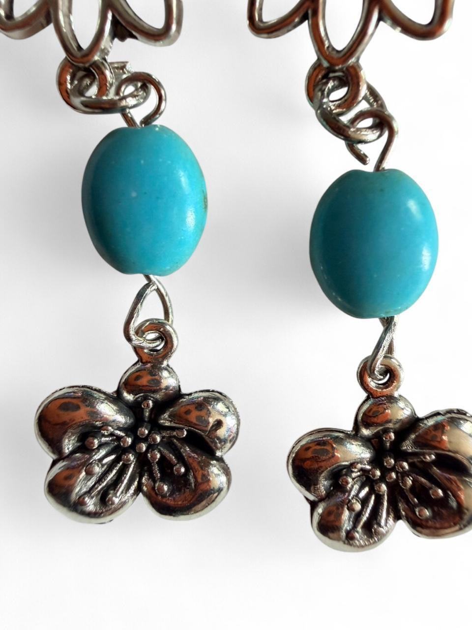 Handmade Boho Turquoise Flower Dangle Earrings – Antique Silver Floral Drop Earrings