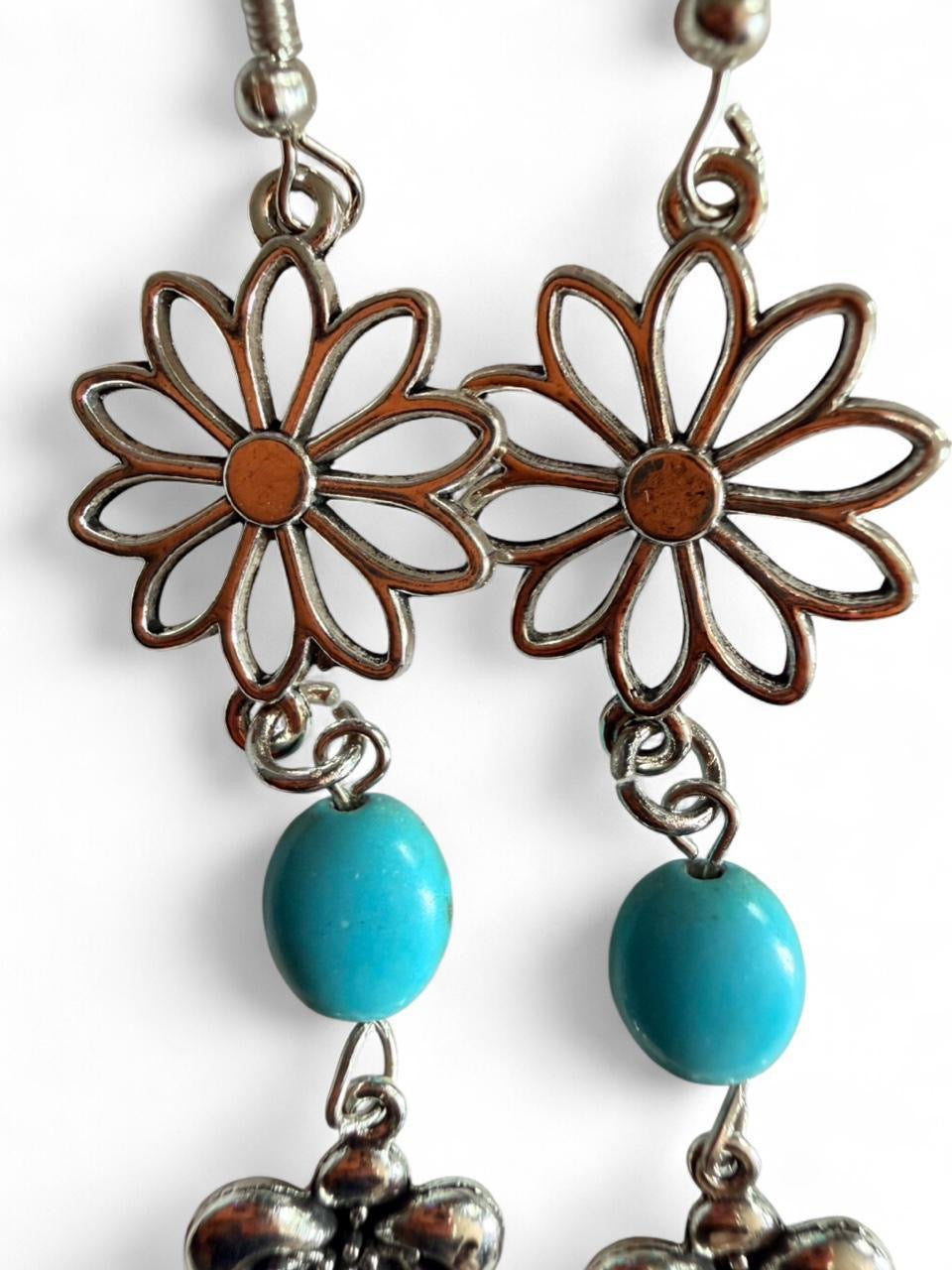 Handmade Boho Turquoise Flower Dangle Earrings – Antique Silver Floral Drop Earrings
